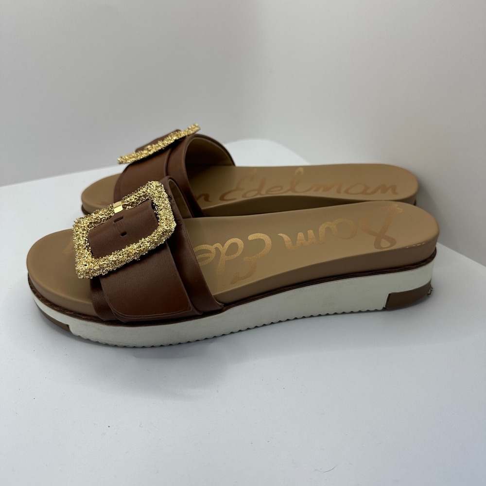 Sam Edelman Ariane Dark Bourbon Open Toe Buckle Flat Leather Slides Sandals 7.5 - Picture 4 of 8